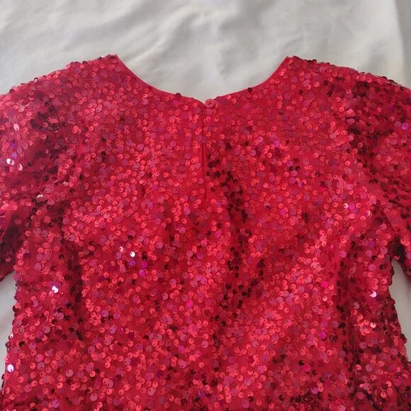 Cat & Jack Girls Red Sequin Dress XL 14 Puff Sleeve Fit n Flare - Picture 9 of 11